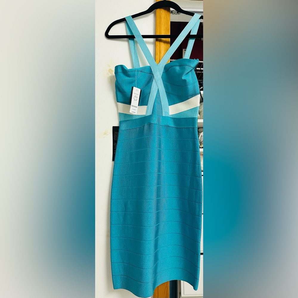 Blue and White Bodycon Halter Dress for Night Out